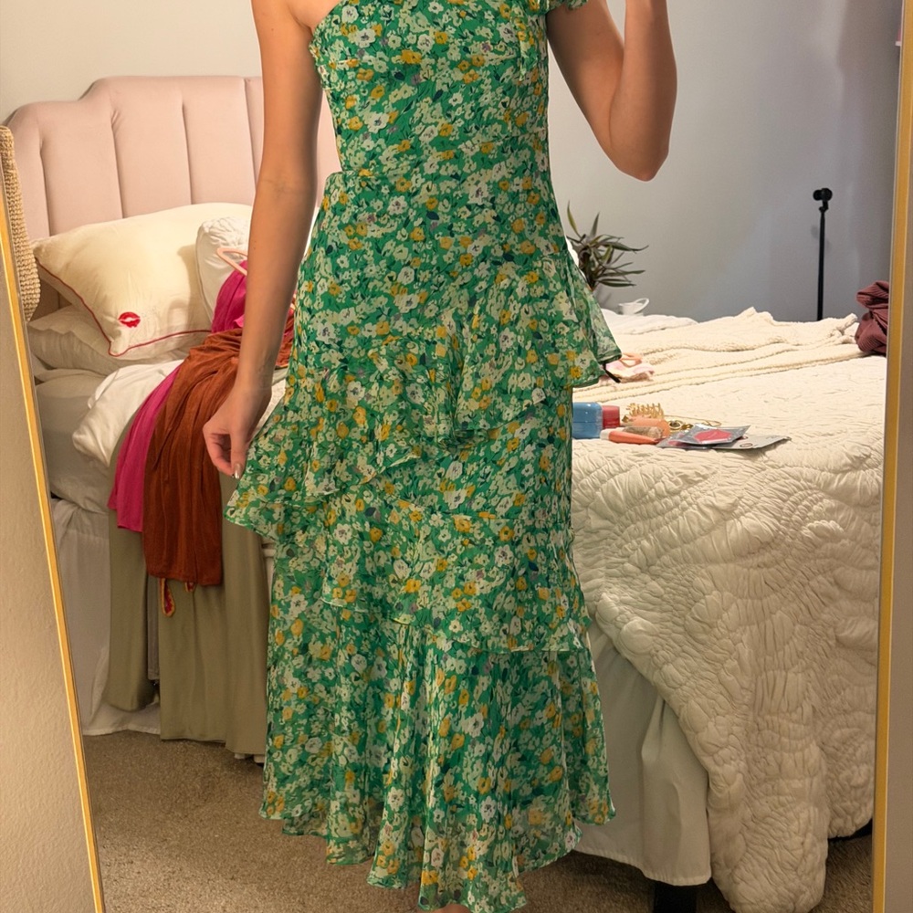 Astr Green Floral One-Shoulder Dress